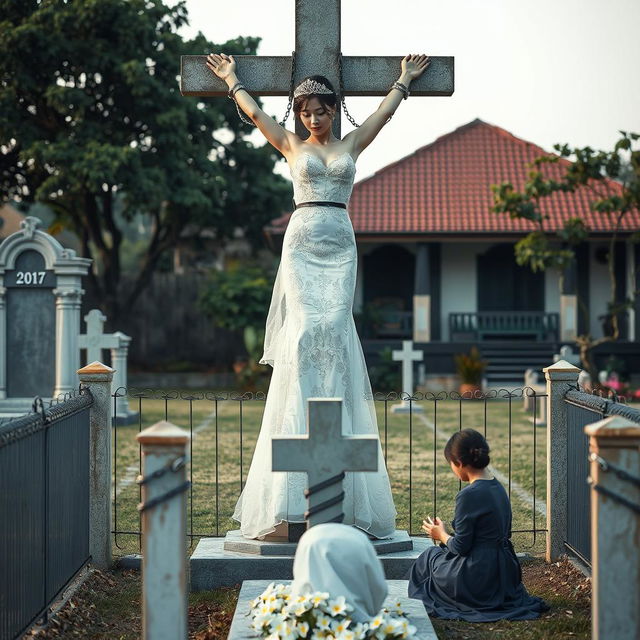 A visually arresting scene featuring a beautiful Korean woman, her arms and legs bound by shackles and chains, hanging crucified on a tall concrete cross statue in a cemetery