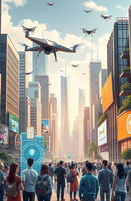 A futuristic cityscape showcasing the impact of artificial intelligence on society and law