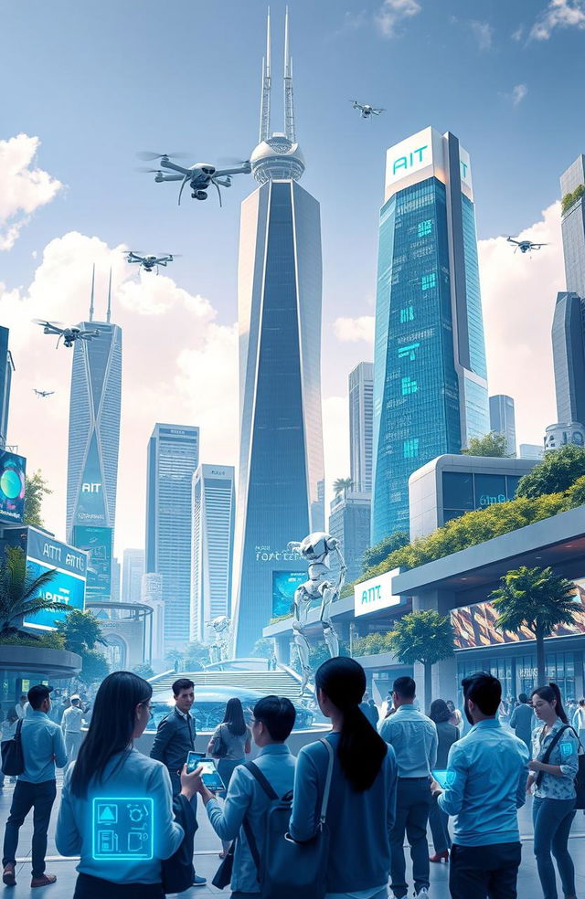 A futuristic cityscape showcasing the impact of artificial intelligence on society and law