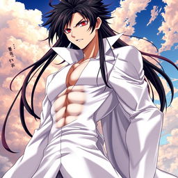 A visually striking light novel cover featuring a tall male character with long black hair and intense crimson red eyes