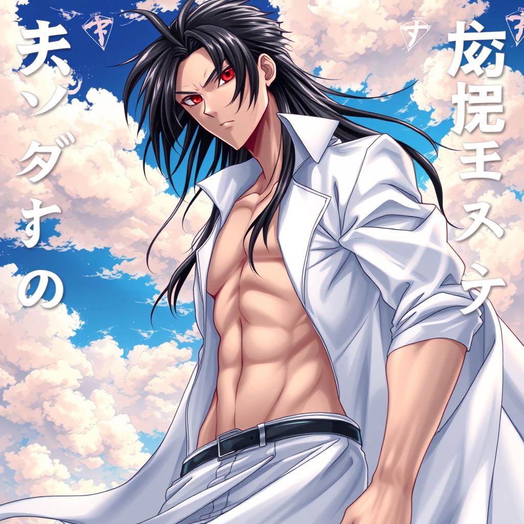 A visually striking light novel cover featuring a tall male character with long black hair and intense crimson red eyes