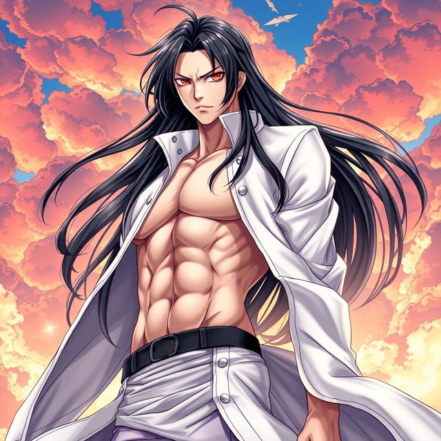 A visually striking light novel cover featuring a tall male character with long black hair and intense crimson red eyes