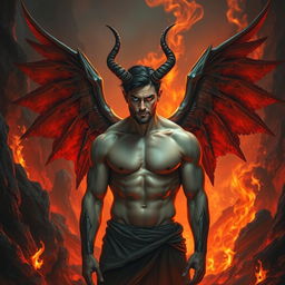 A man with four wings and two horns, standing in a hellish landscape