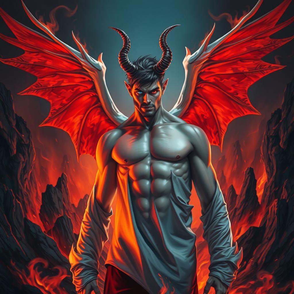 A man with four wings and two horns, standing in a hellish landscape