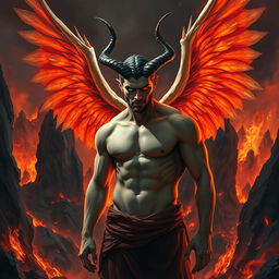 A man with four wings and two horns, standing in a hellish landscape