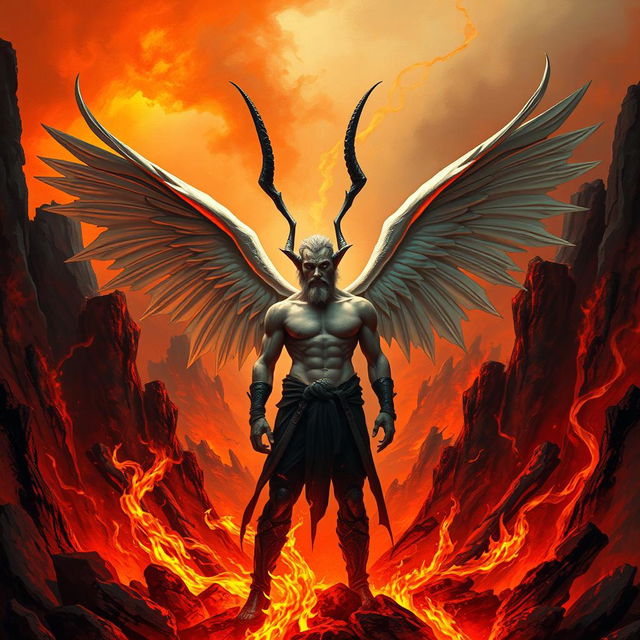 A man with four wings and two horns, standing in a hellish landscape