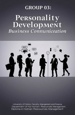 A professional and visually appealing cover page design for a presentation on Personality Development and Business Communication for Group 03