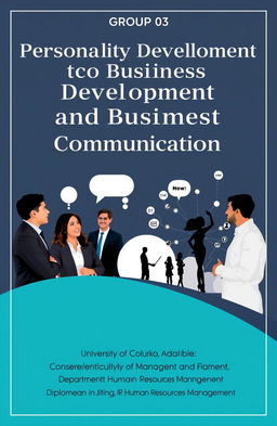 A professional and visually appealing cover page design for a presentation on Personality Development and Business Communication for Group 03
