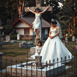 A serene yet striking scene in a cemetery featuring a beautiful woman from Korea, her wrists and ankles bound by elegant shackles and chains, hanging in a crucified position on a tall concrete cross statue