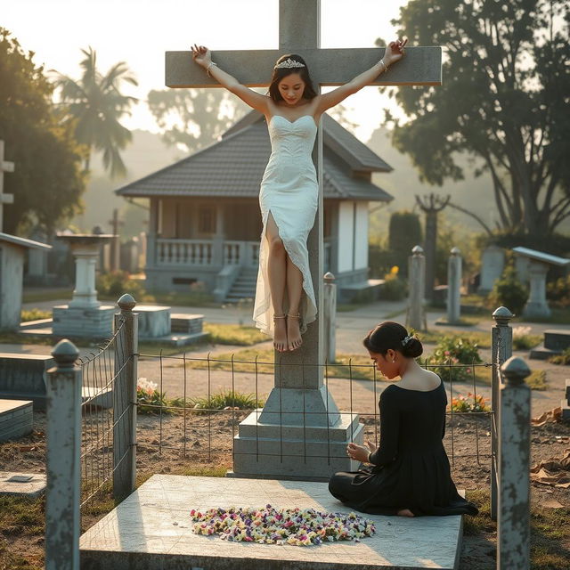 A serene yet striking scene in a cemetery featuring a beautiful woman from Korea, her wrists and ankles bound by elegant shackles and chains, hanging in a crucified position on a tall concrete cross statue