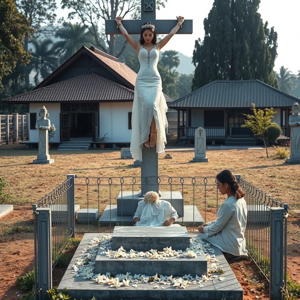 A serene yet striking scene in a cemetery featuring a beautiful woman from Korea, her wrists and ankles bound by elegant shackles and chains, hanging in a crucified position on a tall concrete cross statue