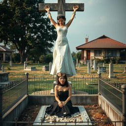 A serene yet striking scene in a cemetery featuring a beautiful woman from Korea, her wrists and ankles bound by elegant shackles and chains, hanging in a crucified position on a tall concrete cross statue
