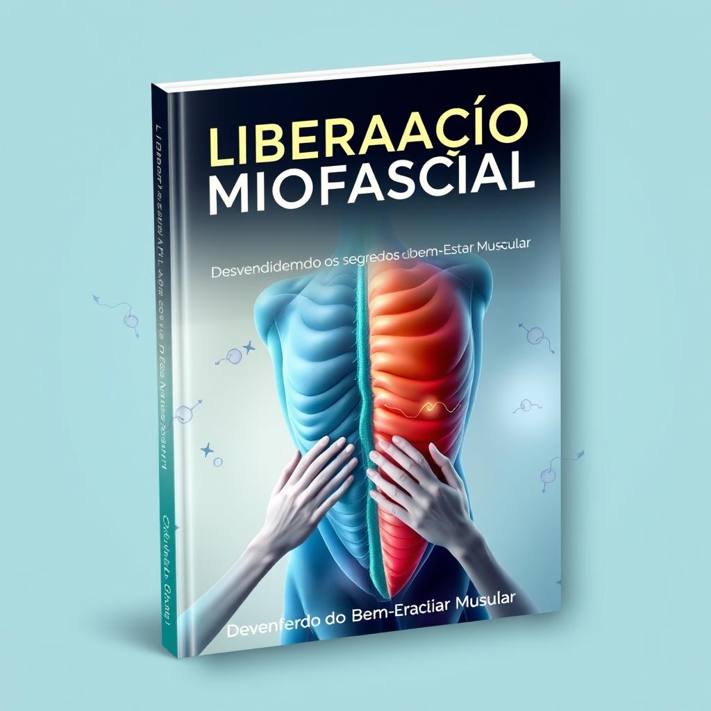 A creative and engaging book cover design for a physiotherapy book titled "Liberação Miofascial - Desvendando Os Segredos Do Bem-Estar Muscular"