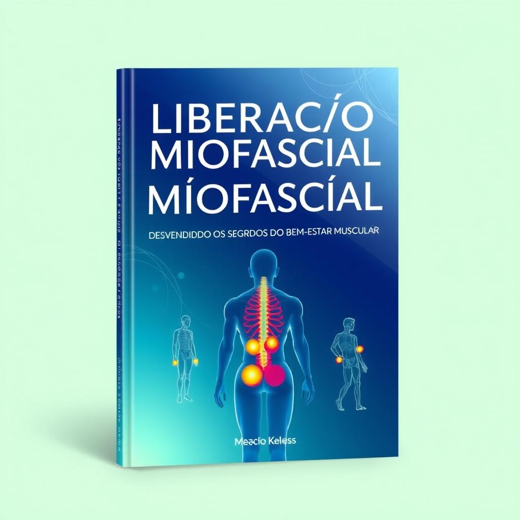 A visually captivating book cover design for a physiotherapy book titled "Liberação Miofascial - Desvendando Os Segredos Do Bem-Estar Muscular"