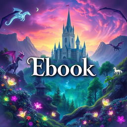 A visually appealing banner for an ebook cover, featuring a captivating fantasy landscape with a majestic castle in the background, surrounded by lush greenery and mythical creatures like dragons and unicorns