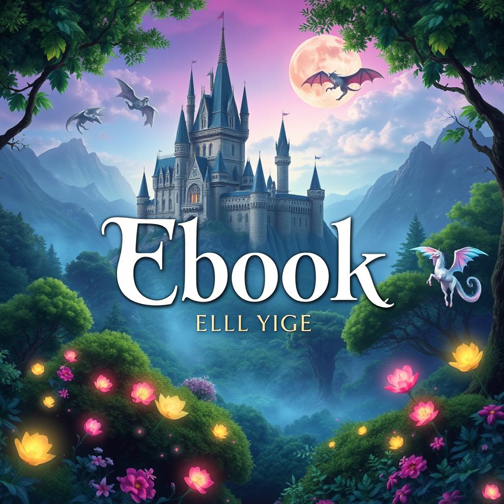 A visually appealing banner for an ebook cover, featuring a captivating fantasy landscape with a majestic castle in the background, surrounded by lush greenery and mythical creatures like dragons and unicorns