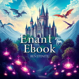 A visually appealing banner for an ebook cover, featuring a captivating fantasy landscape with a majestic castle in the background, surrounded by lush greenery and mythical creatures like dragons and unicorns