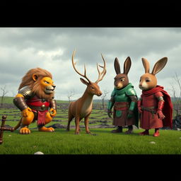 A dramatic 3D scene featuring a diverse group of animals, including a fierce lion wearing red armor, a noble deer in green armor, and a sorrowful rabbit also clad in red armor