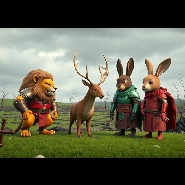 A dramatic 3D scene featuring a diverse group of animals, including a fierce lion wearing red armor, a noble deer in green armor, and a sorrowful rabbit also clad in red armor