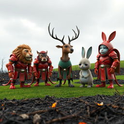 A dramatic 3D scene featuring a diverse group of animals, including a fierce lion wearing red armor, a noble deer in green armor, and a sorrowful rabbit also clad in red armor