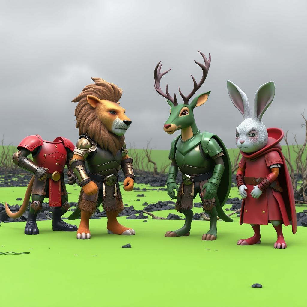 A dramatic 3D scene featuring a diverse group of animals, including a fierce lion wearing red armor, a noble deer in green armor, and a sorrowful rabbit also clad in red armor