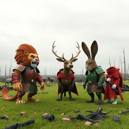 A dramatic 3D scene featuring a diverse group of animals, including a fierce lion wearing red armor, a noble deer in green armor, and a sorrowful rabbit also clad in red armor