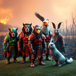 A captivating 3D scene showcasing a variety of animals adorned in armor, with some wearing vibrant green armor and others in striking red armor