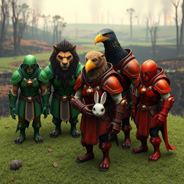 A captivating 3D scene showcasing a variety of animals adorned in armor, with some wearing vibrant green armor and others in striking red armor