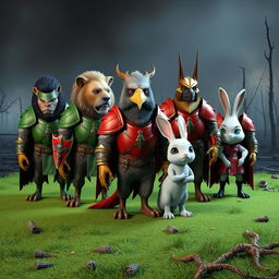 A captivating 3D scene showcasing a variety of animals adorned in armor, with some wearing vibrant green armor and others in striking red armor