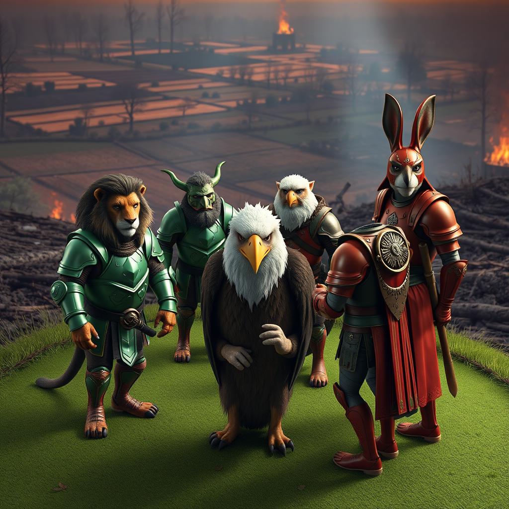 A captivating 3D scene showcasing a variety of animals adorned in armor, with some wearing vibrant green armor and others in striking red armor