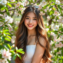 A beautiful female model posing in a serene outdoor setting, surrounded by blossoming flowers and lush greenery