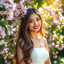 A beautiful female model posing in a serene outdoor setting, surrounded by blossoming flowers and lush greenery