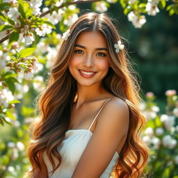 A beautiful female model posing in a serene outdoor setting, surrounded by blossoming flowers and lush greenery