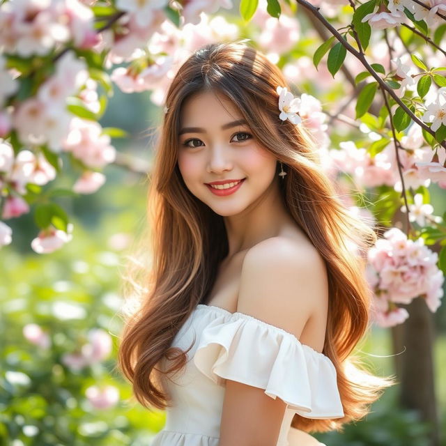 A beautiful female model posing in a serene outdoor setting, surrounded by blossoming flowers and lush greenery