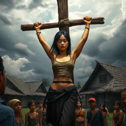 A dramatic scene depicting a young woman resembling a fictional ninja, Sakura Haruno, tied up with her hands crucified on a wooden cross in a traditional Indonesian village