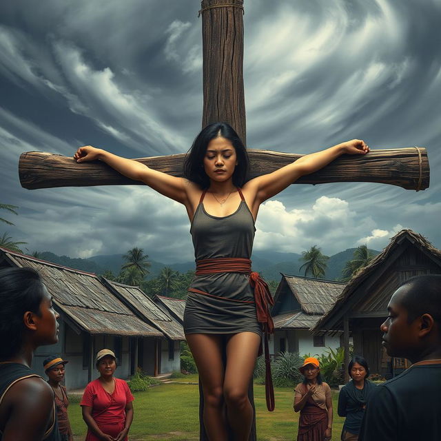 A dramatic scene depicting a young woman resembling a fictional ninja, Sakura Haruno, tied up with her hands crucified on a wooden cross in a traditional Indonesian village