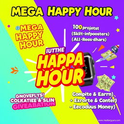 An exciting promotional graphic for a Mega Happy Hour event