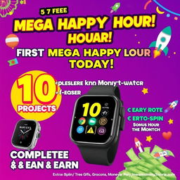 An exciting promotional graphic for a Mega Happy Hour event