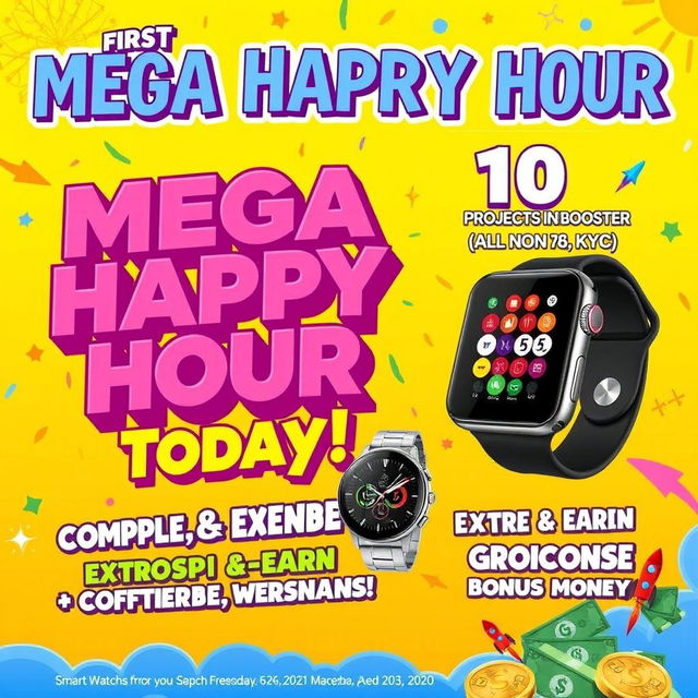 An exciting promotional graphic for a Mega Happy Hour event