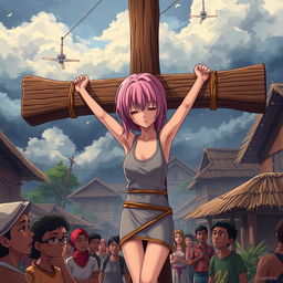 An anime-style illustration depicting a character resembling Sakura Haruno, tied up with her hands crucified on a wooden cross in a vibrant Indonesian village