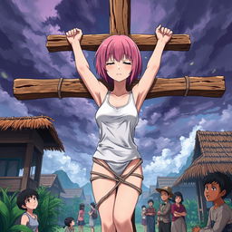 An anime-style illustration depicting a character resembling Sakura Haruno, tied up with her hands crucified on a wooden cross in a vibrant Indonesian village