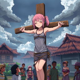 An anime-style illustration depicting a character resembling Sakura Haruno, tied up with her hands crucified on a wooden cross in a vibrant Indonesian village