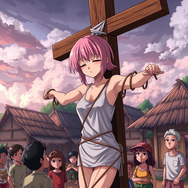 An anime-style illustration depicting a character resembling Sakura Haruno, tied up with her hands crucified on a wooden cross in a vibrant Indonesian village