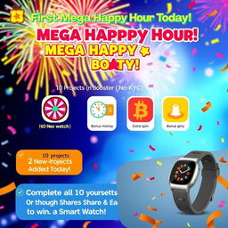 A vibrant and energetic digital poster for a mega happy hour event