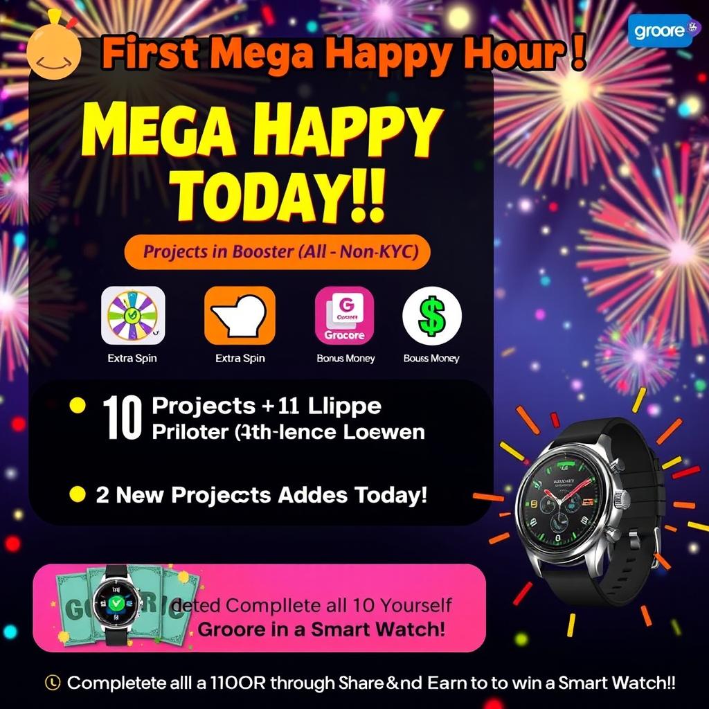 A vibrant and energetic digital poster for a mega happy hour event