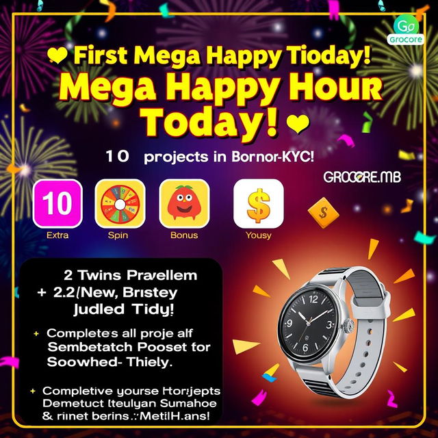 A vibrant and energetic digital poster for a mega happy hour event