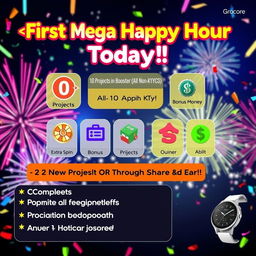 A vibrant and energetic digital poster for a mega happy hour event