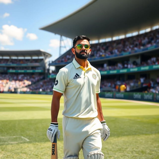 Virat Kohli in an Australian cricket jersey, standing confidently on a cricket field, bat in hand, with a focused expression, bright green grass underfoot, blue sky in the background, stadium packed with cheering fans wearing a mix of Australian and Indian jerseys