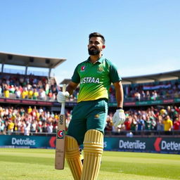 Virat Kohli in an Australian cricket jersey, standing confidently on a cricket field, bat in hand, with a focused expression, bright green grass underfoot, blue sky in the background, stadium packed with cheering fans wearing a mix of Australian and Indian jerseys