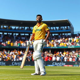 Virat Kohli in an Australian cricket jersey, standing confidently on a cricket field, bat in hand, with a focused expression, bright green grass underfoot, blue sky in the background, stadium packed with cheering fans wearing a mix of Australian and Indian jerseys